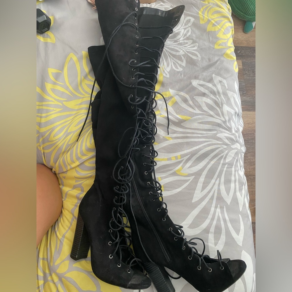 Thigh, high lace up heels, open toed